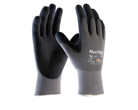 Bagside af ATG MaxiFlex Ultra 42-874 handske, størrelse 11, med mærkningsdetaljer og nitrilbelægning på mørkegrå baggrund.