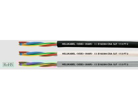 HELUKABEL H05VV-F/SJT, 3xAWG13/2,63 kabler i sort, hvid og grå, med oplysning om RoHS-godkendelse.