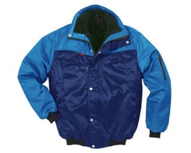 Kansas Icon pilotjakke i marineblå og kornblå med pilefor, ribkanter og lynlåslommer, ideel til arbejde i varierende miljøer.