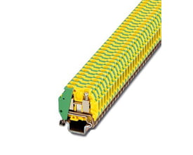 Nærbillede af Phoenix Contact MT 1,5-PE jordklemme, viser skrueterminal og gul/grøn farvekode for 1,5mm².