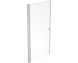 Contura Shower Space lige dør i klart glas med mat aluminiumsprofil og et lille knopgreb på hvid baggrund.
