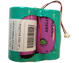 Siemens D-celler batteripakke til MAG8000CT med 2 x 3,6V 33Ah lithium-batterier, pakket i grønt plastfolie med ledninger.