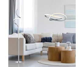 TRIO Lighting Course gulvlampe i nikkel med moderne spiral design og integreret LED-lys.