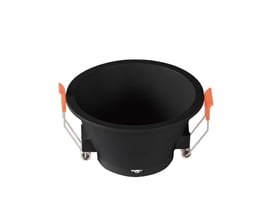Sort V-TAC downlight til indbygning, lavet af PC plastik, med orange monteringsclips og en diameter på 9,3 cm.