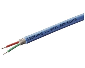 Siemens Profibus FC proces buskabel med blå yderbeklædning og tydelig tekstmærkning på en hvid baggrund.