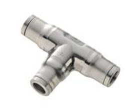 Parker Legris RF T-stykke med 4mm diameter, fremstillet i poleret rustfrit stål 316L, vist på hvid baggrund.
