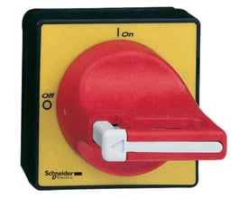 Schneider Electric drejegreb i rød/gul, viser 'Off' og 'On' markeringer, med et 60x60mm panel og rødt håndtag.