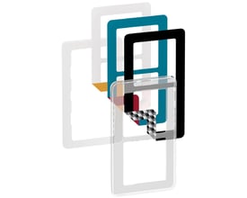 LK FUGA Choice designramme, 2 modul, transparent, med seks forskellige farveindlæg i grå, sort, turkis og rød.