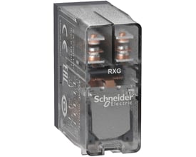 Schneider Electric Harmony RXG stikbensrelæ med 2 C/O kontakter, 5A mærkestrøm og 230 VAC forsyning, med synlig mærkning.