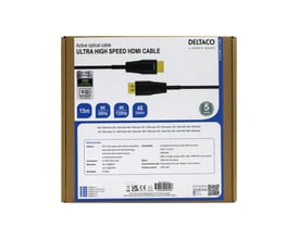 Deltaco ULTRA High Speed HDMI-kabel med 15m længde i sort, viser kabel og emballage med specifikationer.