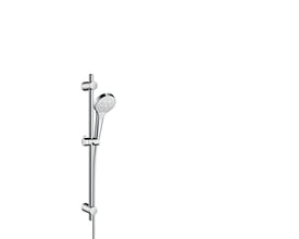 Hansgrohe Myselect S Multi brusesæt i krom og hvid med brusehoved og skinne til justering af højde.