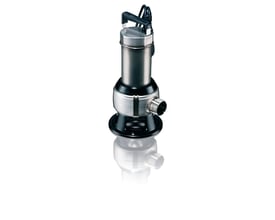 Grundfos AP50B.50.11.A1 spildevandspumpe i rustfrit stål, set skråt forfra med fokus på pumpehuset, bærehåndtag og 2" udløb, med spejleffekt.