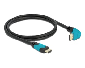 Sort DeLock HDMI 2.1-kabel på 1 meter med turkisblåt, 90° nedadvinklet stik og understøttelse af 8K ved 60 Hz.