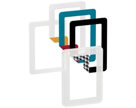 LK FUGA Choice designramme 1½ modul i frosted med synlige farveindlæg som sort, blå og gul.