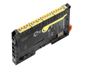 Weidmüller UR20-4DI-4DO-PN-FSPS-V2 digitalt sikkerhedsmodul med gule PUSH-IN terminaler og sort kabinet på hvid baggrund.