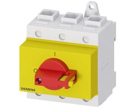Siemens SENTRON 3LD nødstopkontakt med tre poler og 100 A, med rød betjeningsknop på gul front.