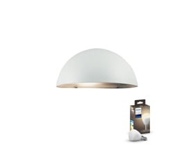 Nordlux Scorpius hvid udendørs væglampe i galvaniseret stål og plast, vist med Philips Hue White E14 pære og emballage.