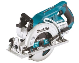 Makita 185mm akku rundsav 2X18V med magnesium hus og justerbar dybde-anslag, vist fra en vinkel med fokus på motor og klinge.