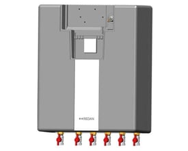 Danfoss Vandvarmer Lux II SE 40 med 53kW brugsvandsydelse, vist fra forsiden med synlige rød-gule ventiler i bunden.