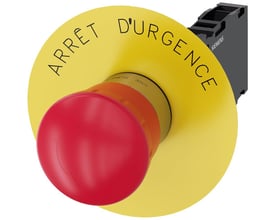 Siemens nødstop med stor rød trykknap, gul bagplade med fransk tekst "Arrêt d'urgence" og 22 mm monteringsdiameter.