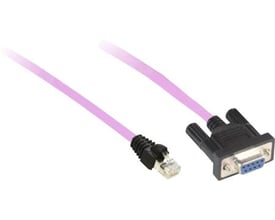 Schneider Electric CANopen kabel, 1 meter, med Sub-D9 hun-stik og RJ45-stik i lilla. Produktet ligger på en hvid baggrund.