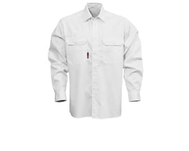 Kansas arbejdsskjorte i hvid bomuld med lange ærmer, dobbelt brystlomme og en lille rød/blå mærkelogo. Str. 3XL.