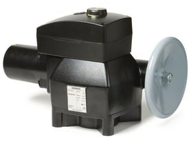Siemens SQL36E160 aktuator til butterflyventil i sort plast med gråt håndtag og mærkat på hvid baggrund.