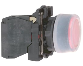 Schneider Electric XB5 trykknap med rød hætte, 1NC kontakt og silikonekappe, 22mm diameter.