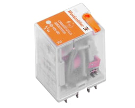 Weidmüller industrielt relæ med 230 V AC og fire CO-kontakter, vist skråt med gennemsigtigt hus og orange testknap.