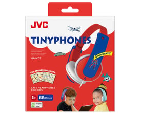 JVC TinyPhones HA-KD7 hovedtelefoner til børn i rød og blå, med sjove klistermærker inkluderet og 85dB lydbegrænser.