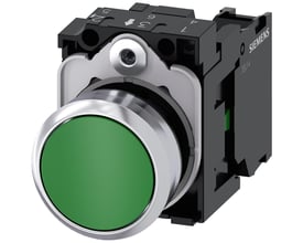 Siemens 22mm trykknap med rund, højglans metalramme og grøn trykflade.