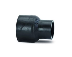 Georg Fischer PE-svejsereduktion PN16 SDR11, 75 x 50 mm, fremstillet af sort PE100 materiale.