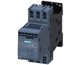 Siemens SIRIUS softstarter S00 til 3 kW motor, 6.5A, med fjederklemmer og mærkat der viser statusindikatorer og modelnummer.
