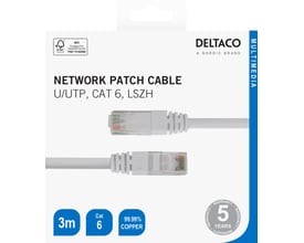 Deltaco hvidt Cat 6-netværkskabel på 3 meter vist på emballagen med begge RJ45-stik og produktets specifikationer.
