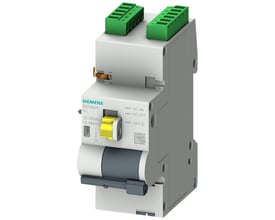 Siemens 5ST3 fjernbetjeningsmekanisme i grå og hvid med gule betjeningsdetaljer og grønne tilslutningsklemmer.