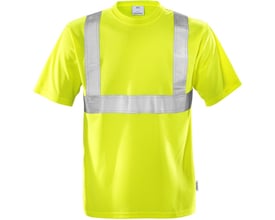 Hi-vis gul T-shirt i str. XL med refleksstriber på bryst og skuldre, fremstillet af 100% polyester.
