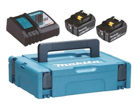 Makita 18V akku batterisæt med 2 stk. 6.0 Ah Li-ion batterier, DC18RC hurtiglader og en blå MAKPAC opbevaringskuffert.