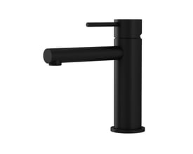 Lavabo Mira 155 RS PVD matsort håndvaskarmatur med cylindrisk krop, vandret tud og enkeltgreb, set skråt forfra.
