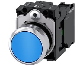 Siemens 22mm rund trykknap i metal med skinnende blå overflade og momentan kontakt.