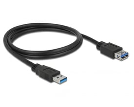 Sort Delock USB 3.0-forlængerkabel på 1 meter ligger i en løkke med begge USB-A-ender synlige.