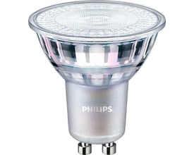 Philips MASTER Value LED-spotpære med GU10-fatning, 355 lm og 3,7 W, vist forfra med klar linse og to ben.