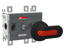 ABB 250A lastafbryder, 3-polet, med sort drejegreb med rød detalje, klar til montering.