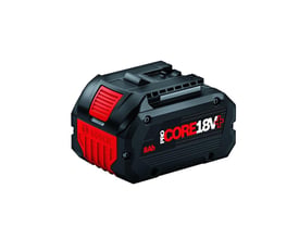 Detaljeret billede af et Bosch ProCORE18V+ 8.0Ah batteri, med fokus på den robuste konstruktion og LED-indikator.