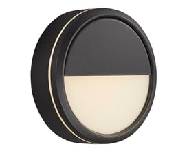 Nordlux Ava Smart udendørsvæglampe i sort aluminium med gyldne detaljer og integreret LED-lys, vist isoleret på hvid baggrund.