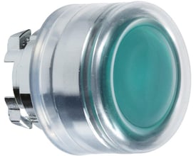 Schneider Electric grønt lampetrykshoved ZB4BW533 med 22mm diameter, vist fra siden med monteringsbeslag.