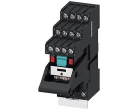 Siemens PT5 stikbensrelæ med 4 skiftekontakter, 230V AC, LED-modul og skrueklemmer, vist på hvid baggrund.