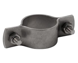 En spejlpoleret rørholder i rustfrit stål til rør med 38,1mm dimension, vist med bolte og møtrikker.