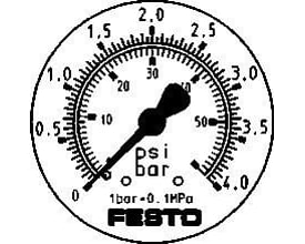 Festo præcisionsmåler FMAP-63-4-1/4-EN, viser tryk i psi og bar på en rund urskive med sort visker.