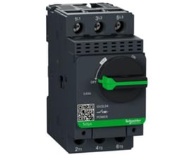 Schneider Electric TeSys GV2L04 kortslutningsudløser, kompakt grå enhed med sort drejeknap og grønt håndtag, viser indstillingsområde 0,63A.