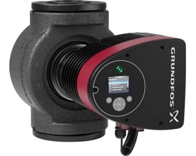 Grundfos Magna3 40-100 F cirkulationspumpe med sort støbejernshus og sort kontrolboks med rød kant, 220 mm indbygningslængde.